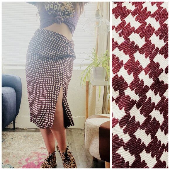 Price FIRM Ann Taylor Houndstooth Print Slit Drape Silky Pencil Skirt Size 2 Md - Picture 1 of 10
